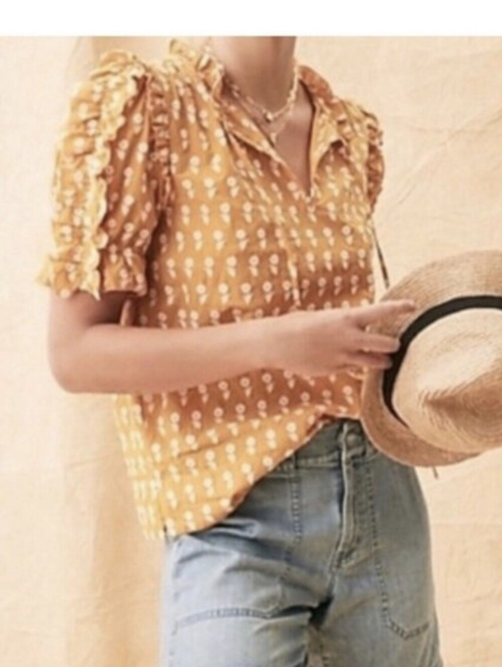 J.Crew Mustard Floral Ruffle Sleeve Top
